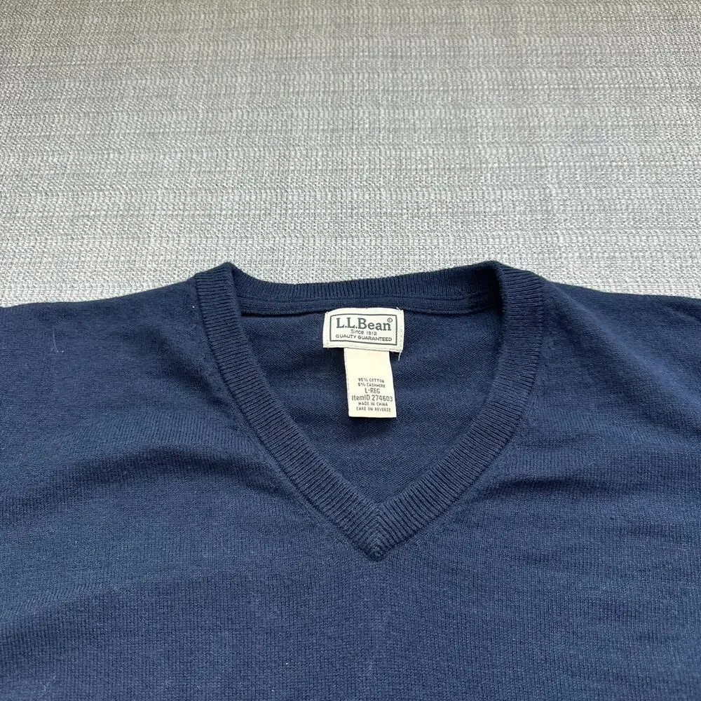 LL Bean Sweater Men Large Blue Pullover V Neck Cashmere Blend Gorp Cabin Comfort